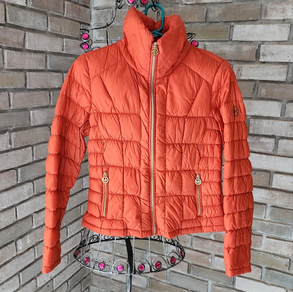 Orange Puffer Jacket with Gold Accents